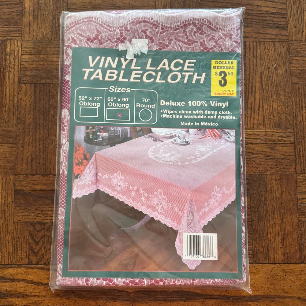 Vintage Vinyl Lace Tablecloth 60x90 Oblong Red Floral Christmas Holiday Decor